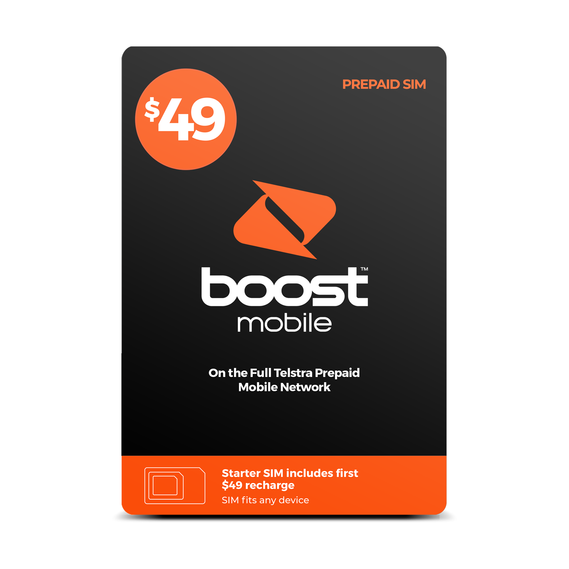 $49 Boost Mobile Prepaid SIM, on the Telstra Mobile Network, Starter SIM includes first $49 recharge, SIM fits any device